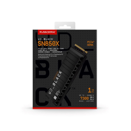 WD BLACK SSD NVMe 1TB PCIe SN850X Powered by SanDisk, Gen4, (R:7300, W:6300MB/s), Chladič WD BLACK SSD NVMe 1TB PCIe SN850X Powered by SanDisk, Gen4, (R:7300, W:6300MB/s), Chladič