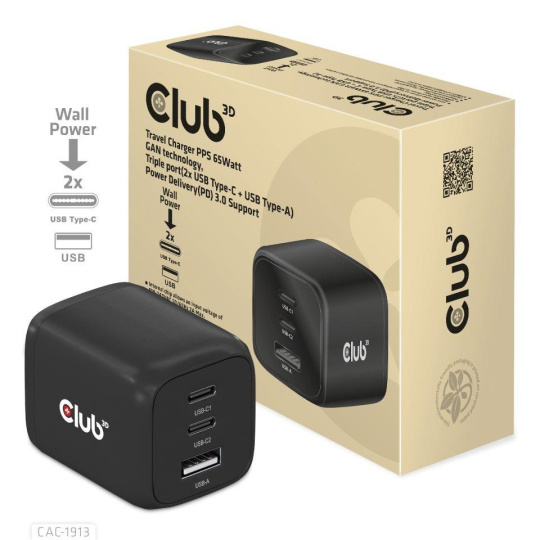 Club3D cestovní nabíječka 65W GAN technologie, 3 porty (2xUSB-C + USB-A), PPS, Power Delivery(PD) 3.0 Support