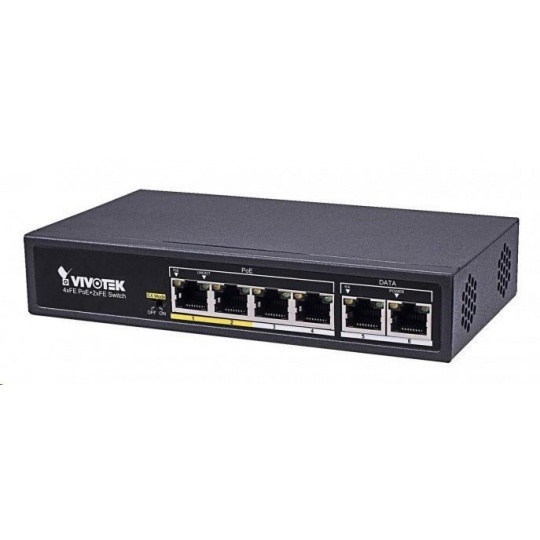 Vivotek 6-ti portový Switch, 4xRJ45 10/100 s PoE (802.3af/at, PoE budget 60W), 2xRJ45 10/100, 4kV přepěťová ochrana