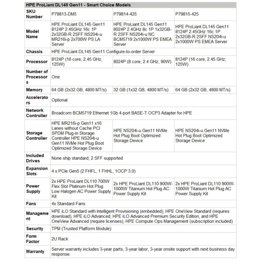 HPE PL DL145g11 AMD 8024P (2.4/8C) 1x32G 2SFF NS204i-u 2x1000W 4p1Gb Smart Choice HPE PL DL145g11 AMD 8024P (2.4/8C) 1x32G 2SFF NS204i-u 2x1000W 4p1Gb Smart Choice