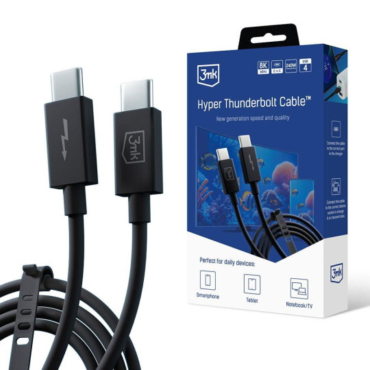3mk datový kabel Hyper ThunderBolt, 240W, 8K, konektor USB-C/USB-C, délka 1 m, černá