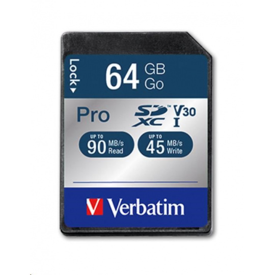 VERBATIM SDXC karta 64GB Pro, U3, V30 (R:90/W:45 MB/s)