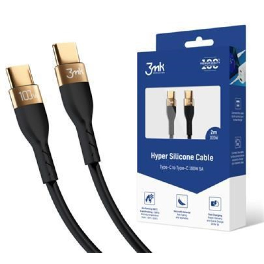 3mk datový kabel Hyper Silicone USB-C -> USB-C (PD), 100W 5A, 2 m, černá