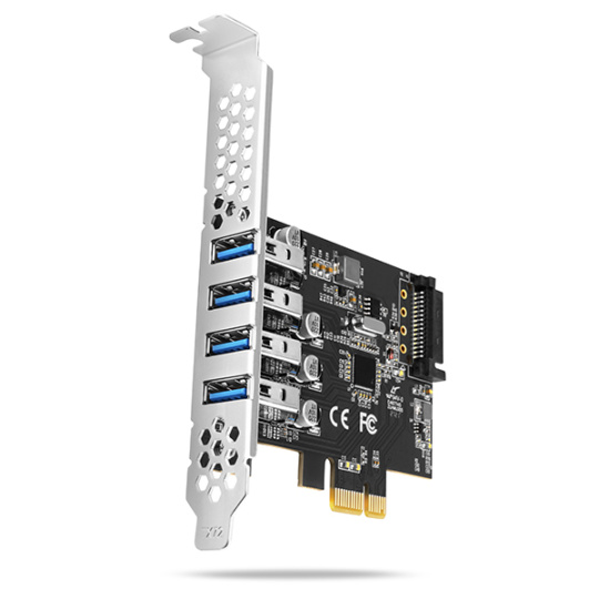 AXAGON PCEU-43RS, PCIe řadič, 4x USB 3.2 Gen 1 port, 5 Gbps, napájení z PCIe nebo SATA, SP & LP